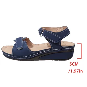 Detailed side view of navy blue vintage wedge sandals showing the 5cm platform heel height