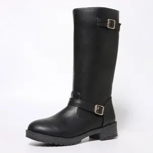 Side view of black faux leather knee-high knight boots with double buckle straps