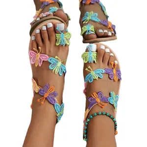 Colorful butterfly lace embroidery toe-ring flat sandals for summer beach vacations