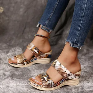 Close-up of retro leopard print wedge sandals with thick comfortable soles