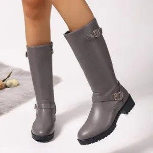 Elegant grey tall knight boots for women featuring low block heel and buckle details