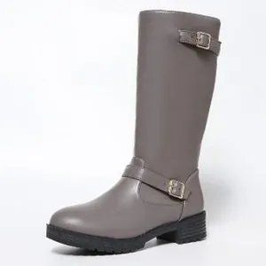 Stylish grey knee-high riding boots featuring decorative buckle straps and low black heels