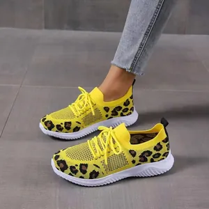 Women's yellow leopard print mesh sneakers with comfortable lace-up design