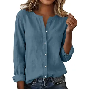 Detailed front view of a blue casual slub cotton shirt for women with a stand collar