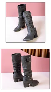 Slouchy women's knight boots with double buckle straps and sturdy chunky heels
