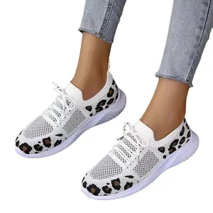 Casual women's leopard print mesh sneakers with round toe and comfortable flat sole