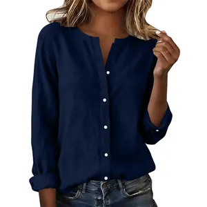 Detail view of navy blue slub cotton casual stand collar long sleeve shirt for women