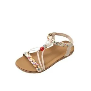 Bohemian flat sandals with floral braided straps and beaded T-strap design for women