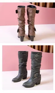 Detailed view of women's retro buckled knight boots with chunky heels in two colors