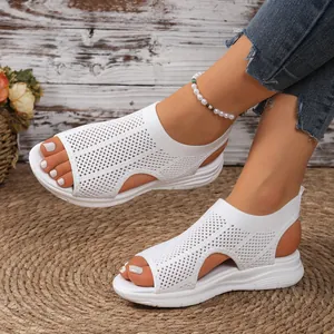 White mesh wedge sandals for women with thick platform sole and open toe design