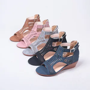 Women Wedge Sandals Laser Cut Hollow Out Open Toe Buckle Strap Back Zipper Fashion Casual Summer Platform Shoes For Daily Wear