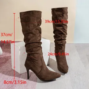 Detailed measurement guide for brown suede slouchy high-heeled knee-high boots