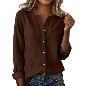 Detail view of a brown slub cotton casual stand collar long sleeve shirt for women