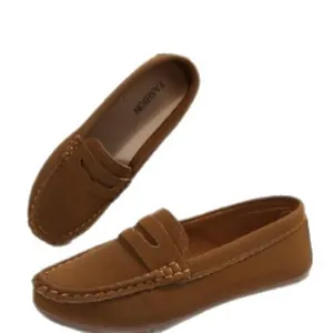 Casual brown flat loafers for women featuring a round toe and slip-on moccasin style