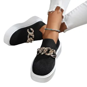Casual women's flyknit slip-on sneakers with chunky gold chain and thick platform sole