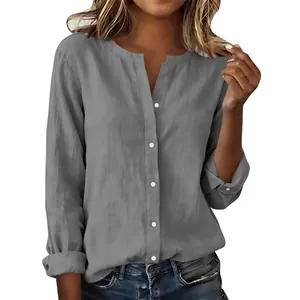 Detailed view of women's gray slub cotton casual stand collar long sleeve blouse