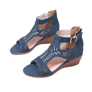 Blue suede hollow out wedge sandals for women with ankle strap and peep toe design
