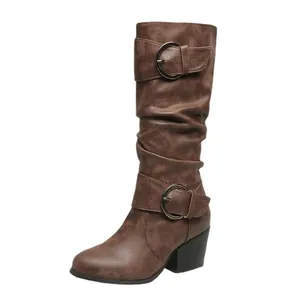Retro brown knight boots for women with decorative buckle straps and chunky mid-heels