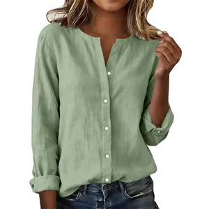Casual sage green slub cotton V-neck button-down long sleeve shirt for women model view