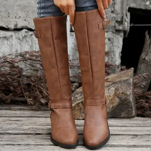 Elegant brown knee-high knight boots for women featuring stylish buckle straps and zipper