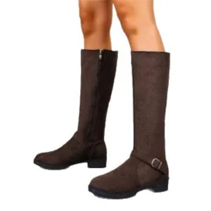 Stylish brown suede knee-high knight boots with side zipper and low heel for women