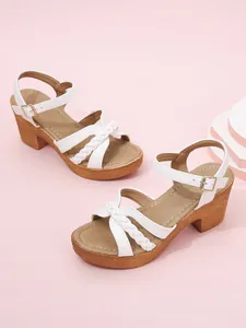 Elegant white braided block heel sandals with platform and adjustable ankle strap for summer