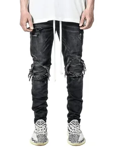 Stylish mens black distressed biker skinny jeans featuring long white drawstrings