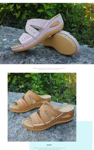 Primer plano de sandalias bordadas con cuña para mujer con suelas de PU cómodas