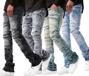 Showcase of four colors of men's streetwear distressed stacked denim jeans in detail