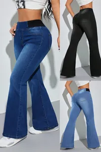 Multiple colors of high waisted elastic flare jeans for women shown in front and back views.