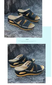 Sandalias de cuña negras para mujer con bordado floral y suela gruesa casual