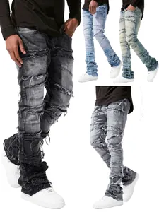 Detailed view of distressed stacked men's jeans with patchwork in four color variations.