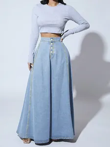 Elegant high waist light blue denim A-line maxi skirt with button front and contrast stitching