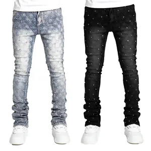 Men's fashion stacked jeans in blue and black with pearl studs and stretch fit