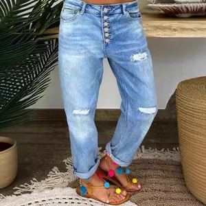 Jean Décontracté à Taille Haute pour Femme Coupe Droite Déchirée Bleu Clair Délavé Pantalon en Denim Usé Braguette à Boutons
