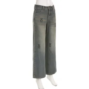 Jeans vintage americani a gamba larga con stampe di lettere gotiche dal design unico