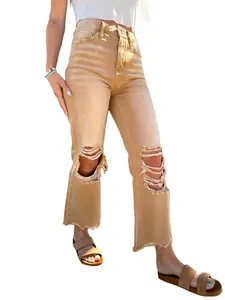 Stylish women's high-waisted ripped straight-leg jeans in tan camel color denim fabric