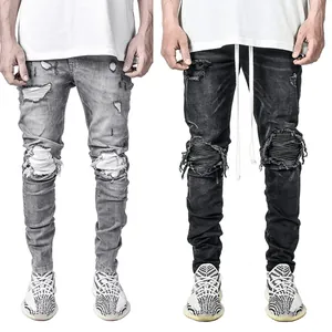 Men's Slim Fit Ripped Biker Jeans Distressed Stretch Denim Pants With Patches Hip Hop Streetwear Black Gray Jeans