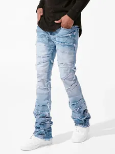 Men's light blue distressed patchwork straight leg jeans with trendy streetwear style