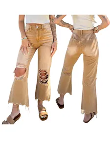 High-waist khaki ripped straight jeans for women with frayed hem details.