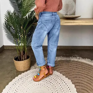 Jean décontracté femme, coupe droite ample, bleu délavé déchiré pour les styles 2025