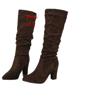 Elegant brown suede slouchy knee-high boots with chunky high heels for women autumn winter