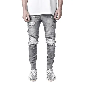 Distressed grey ripped skinny jeans for men with elastic slim fit and biker style