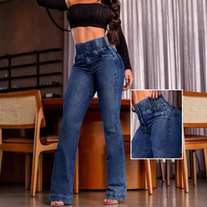 Hoch taillierte elastische Schlagjeans für Damen mit schlanker Passform und Push-up Effekt