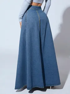 Detail of blue A-line denim maxi skirt shown from the back view.