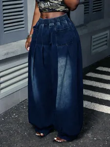 Retro washed blue pleated lantern jeans with high elastic waist and wide legs