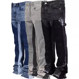 Dames Europa Mode Patchwork Gelaagde Flare Cargo Jeans Met Verfspatten Streetwear Denim Multi-Pocket Broek Voor Dagelijks