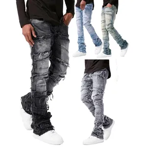 Men's Stacked Jeans Distressed Patchwork Denim Pants Streetwear High Street Washed Straight Leg Trousers For Men