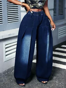 Vintage washed blue wide-leg denim pants with high elastic waist and front pleats