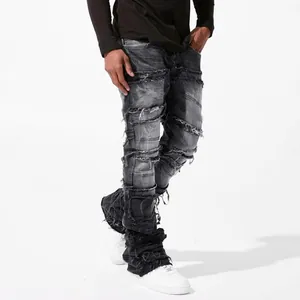 Street style men's distressed straight leg jeans with grey patchwork and frayed edges